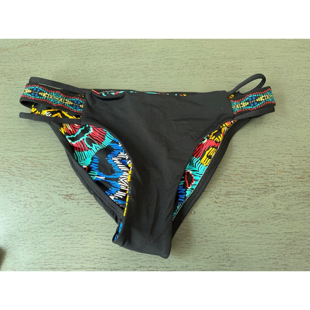 L Space Bikini Bottoms Black Multi Color Tribal Strappy Full Cut XS NWOT
